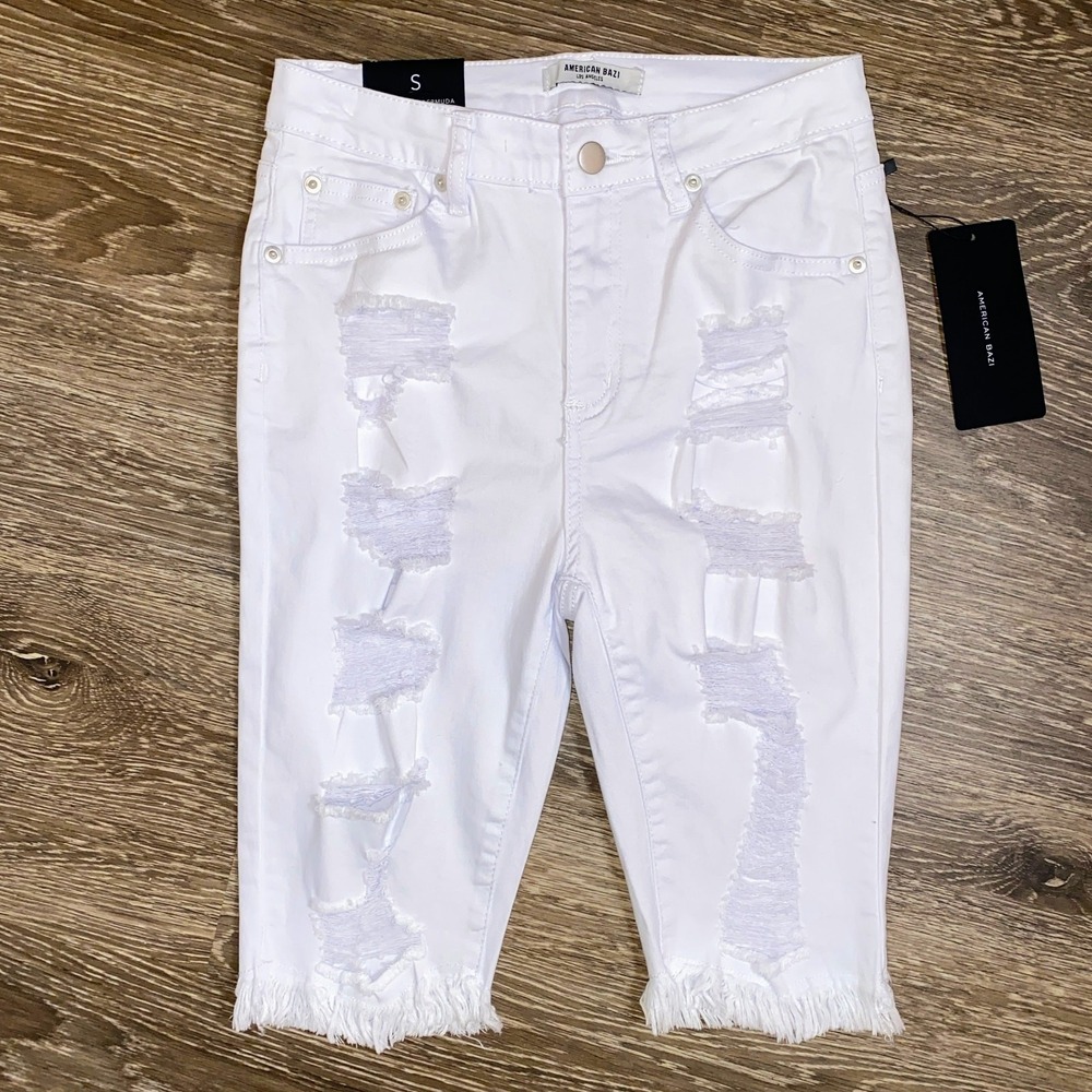 New Fashion Nova Small Asking For Trouble Bermuda Denim Bike Shorts Destructed - Picture 3 of 6